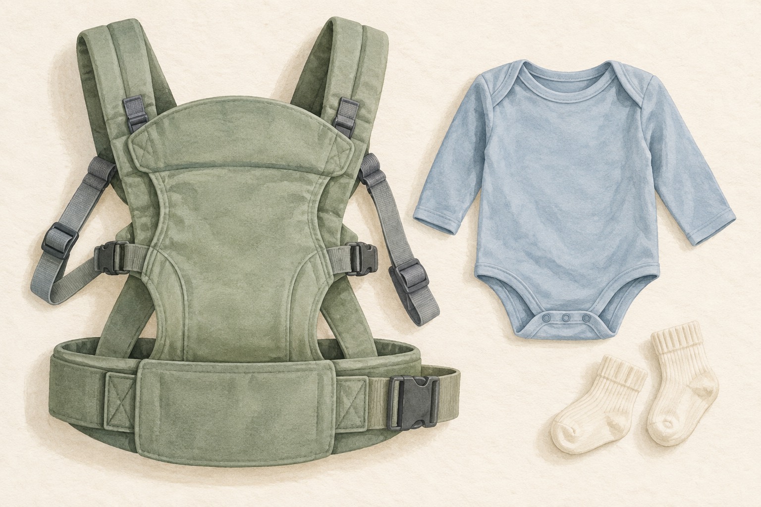 An empty green baby carrier beside a blue bodysuit and cream socks.