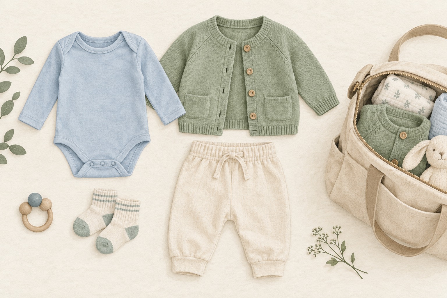 Separate baby clothing layers beside a changing bag with spare clothes.