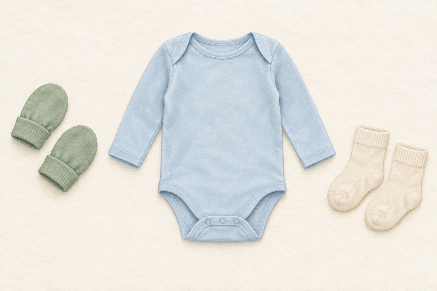A blue baby bodysuit with separate mittens and socks.