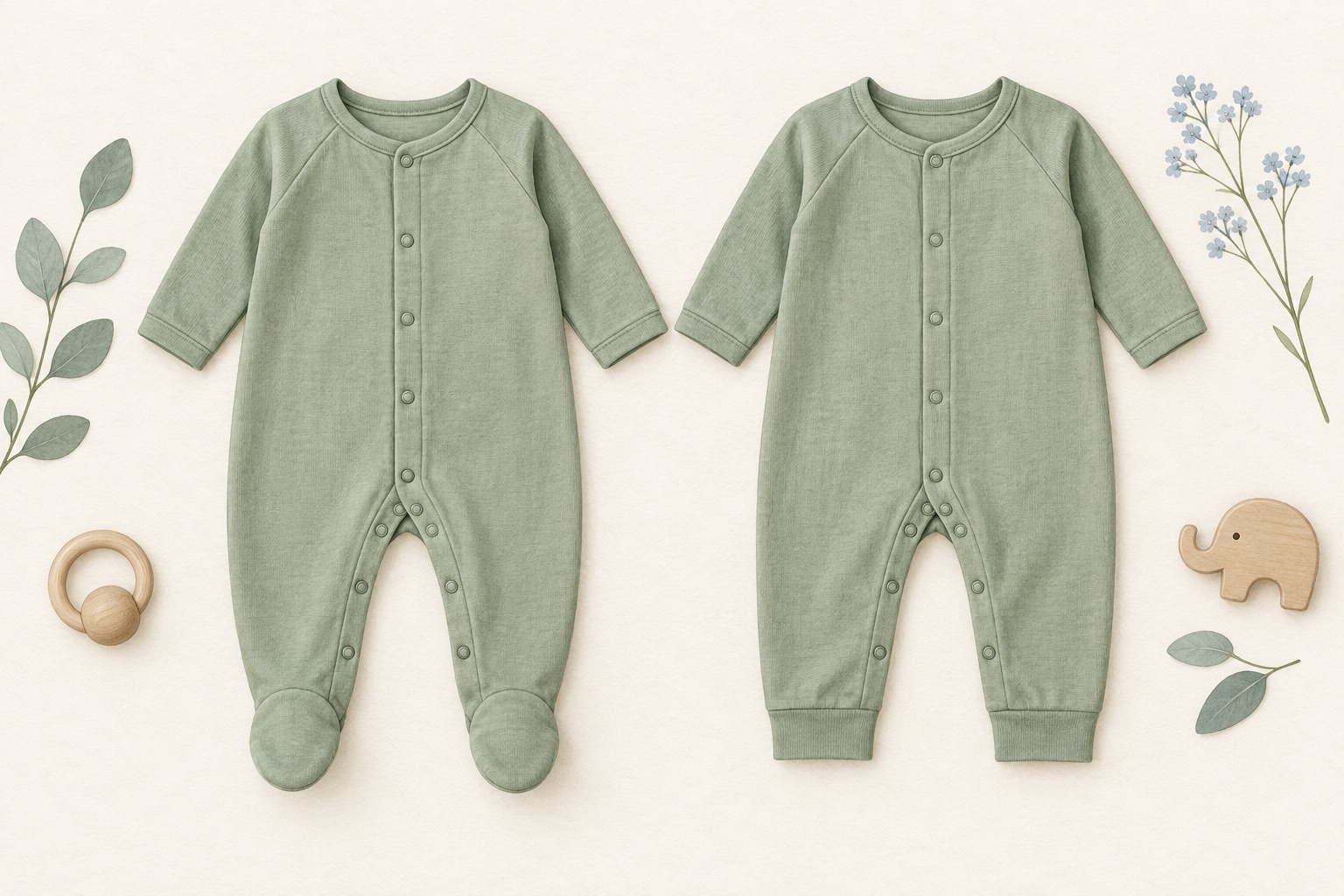 Two sage baby pyjamas: enclosed feet on the left, open ankle cuffs on the right.