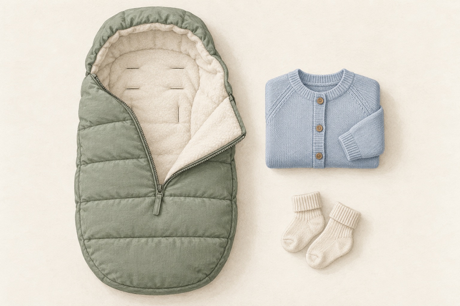 An empty green footmuff beside a folded blue cardigan and cream socks.