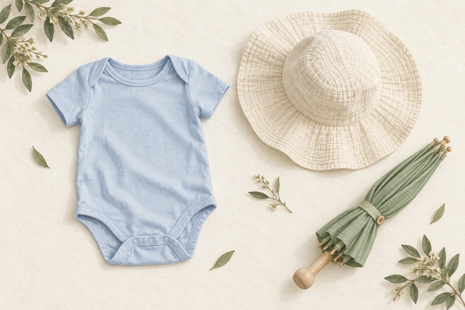 A lightweight blue bodysuit, a wide-brim hat and a closed green parasol.