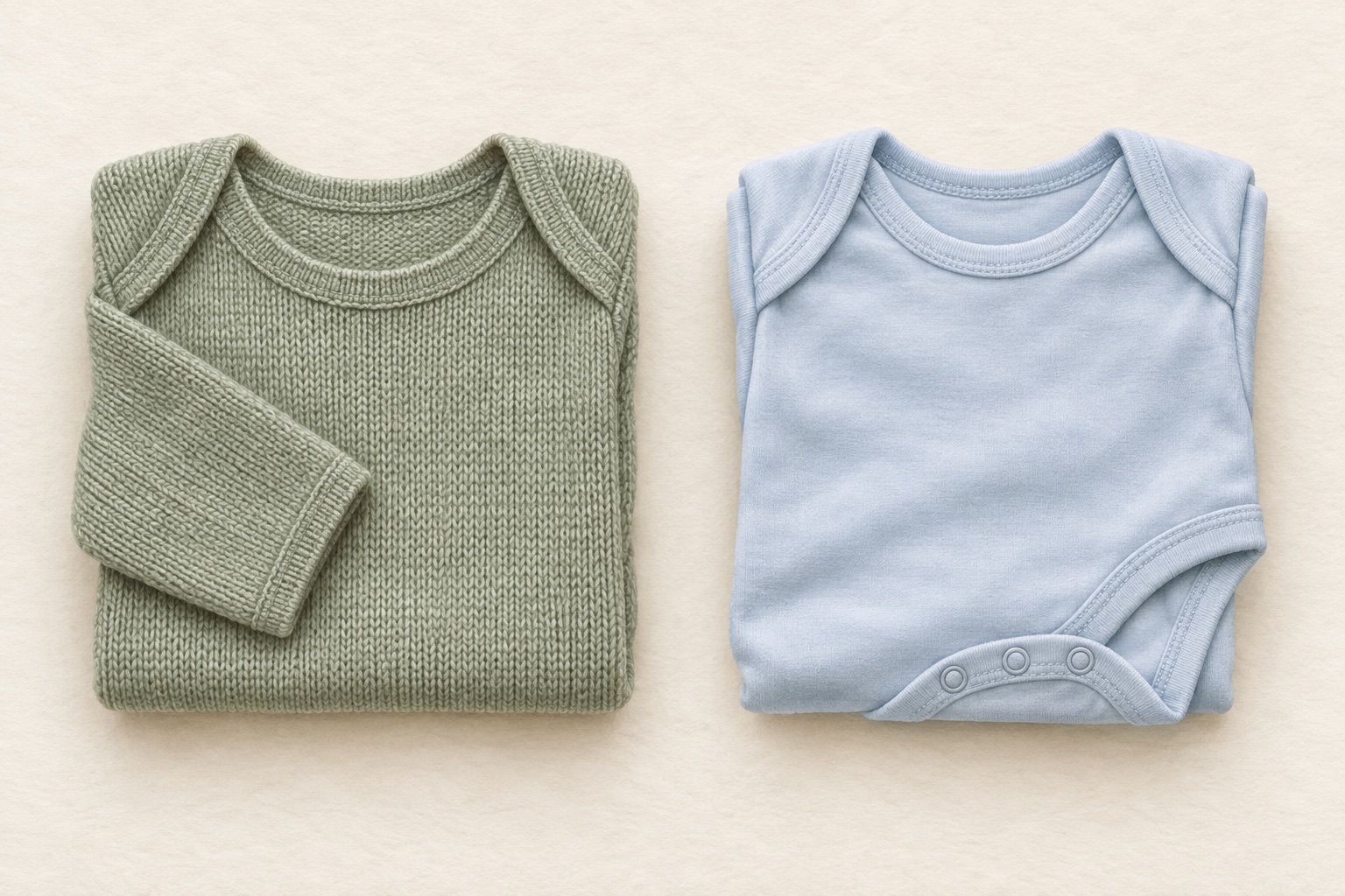 A folded green knitted top beside a pale blue cotton jersey bodysuit.