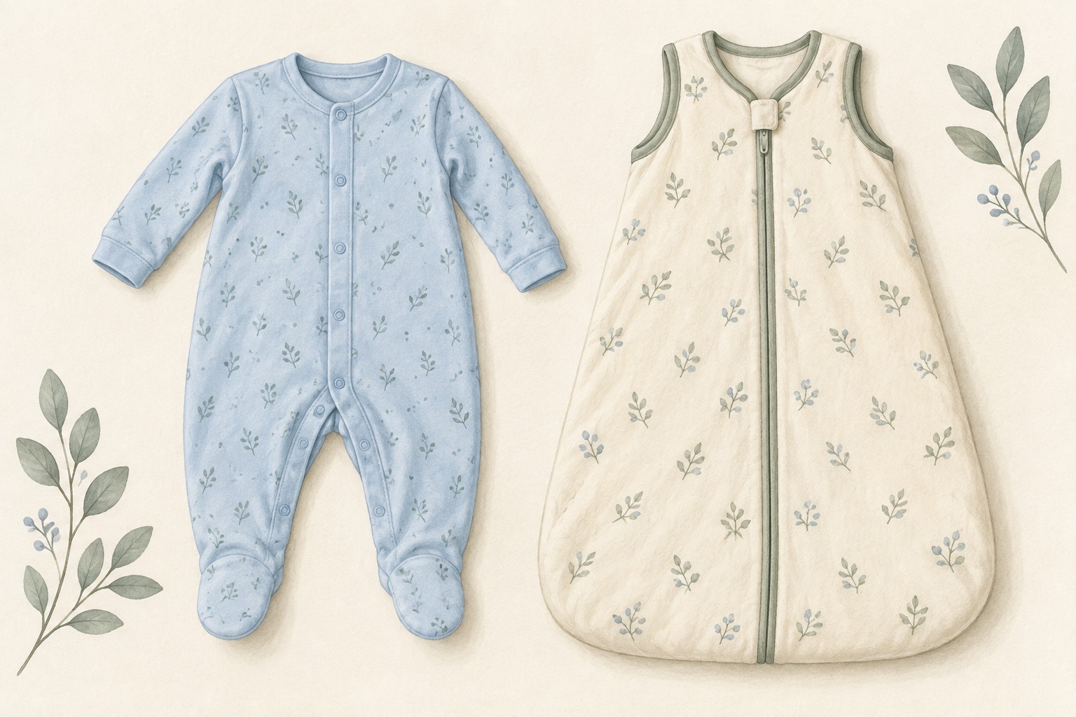 An empty blue footed sleepsuit beside a cream sleeping bag.