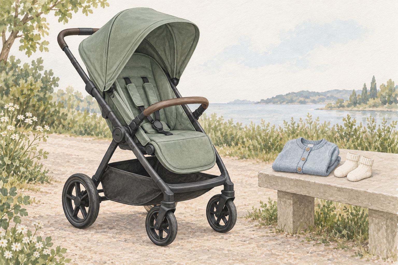 An empty green stroller beside a bench holding a cardigan and socks.