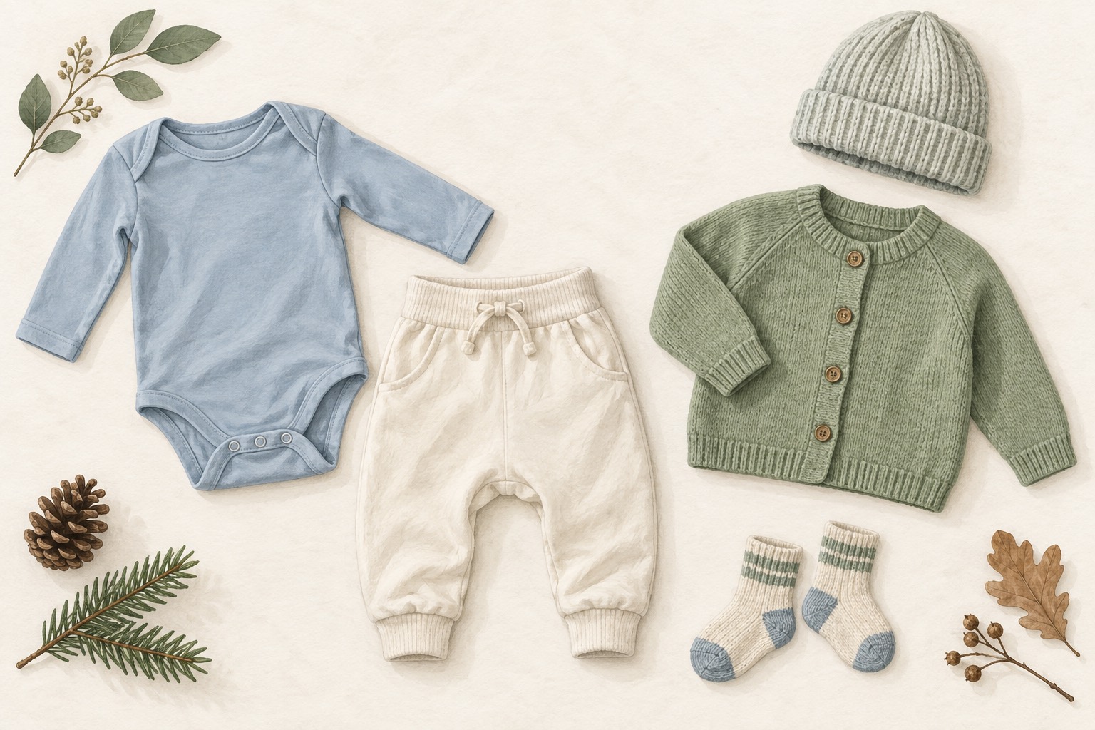A long-sleeved bodysuit, trousers, cardigan, socks and outdoor hat laid out separately.