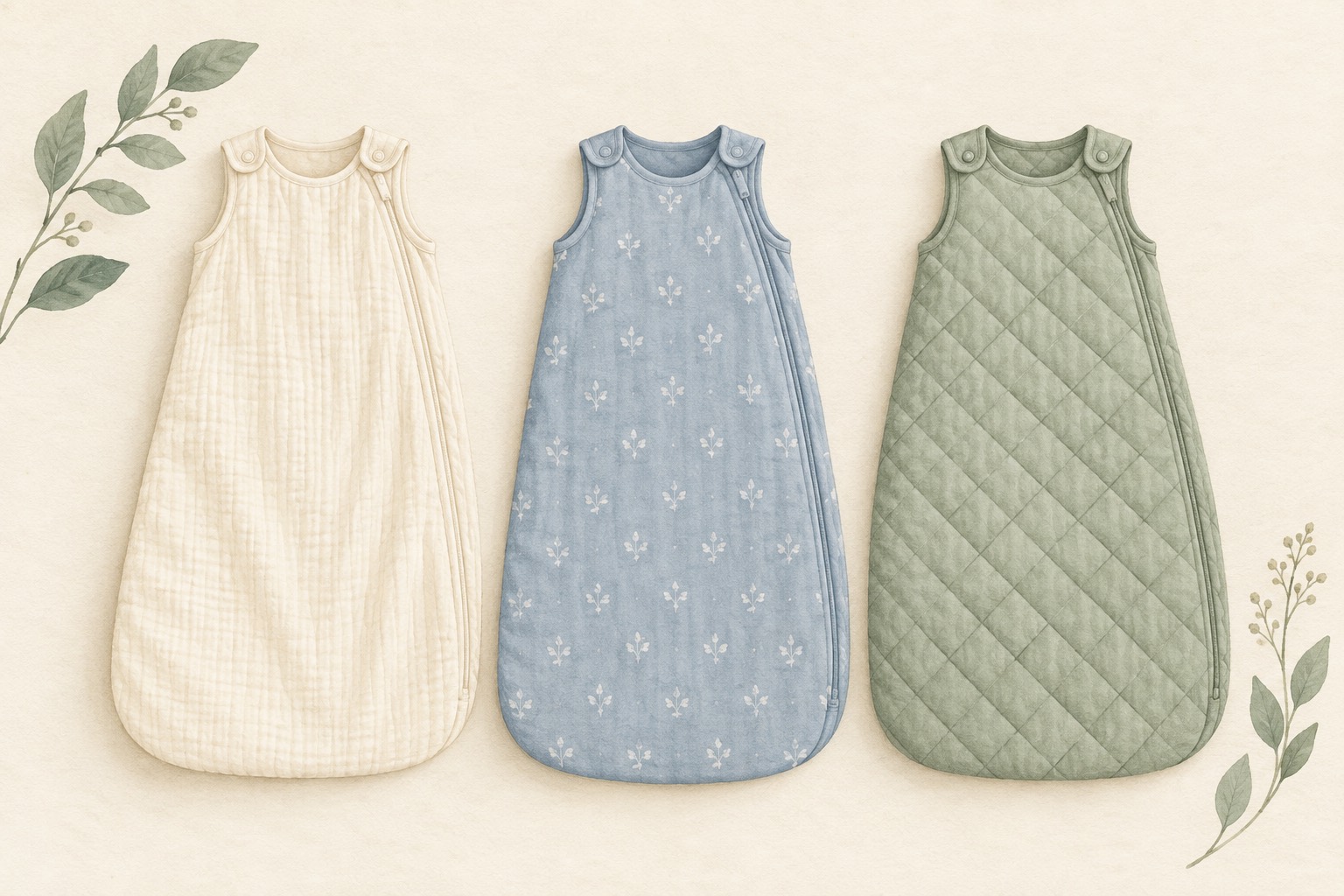 Three empty baby sleeping bags with different fabric textures.